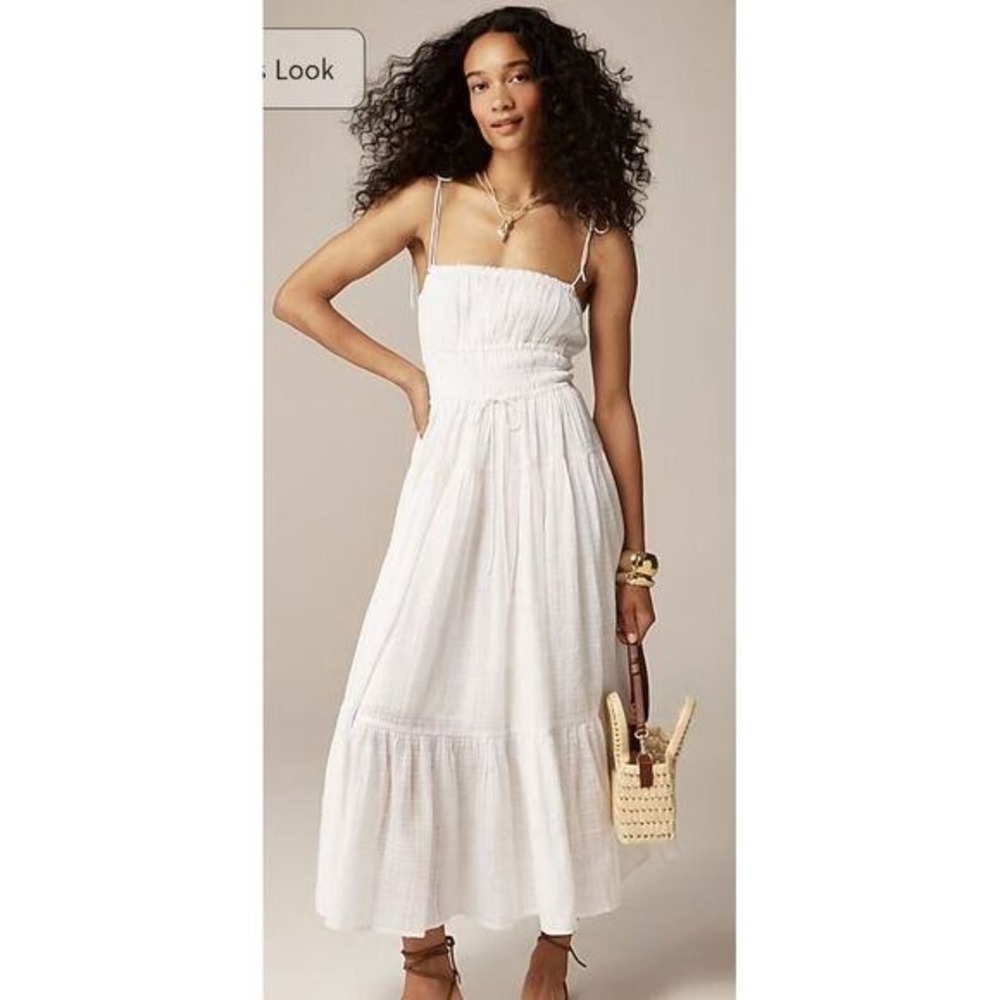 J.Crew White Clio Cotton Gauze Smocked Tiered Midi Dress CA633 L
